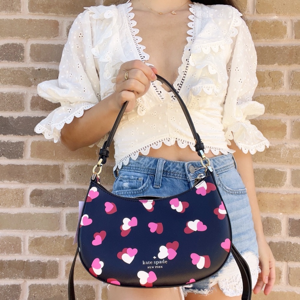 Kate Spade Staci Flutter Heart Half Moon Shoulder Bag Crossbody Black Pink - Picture 1 of 6